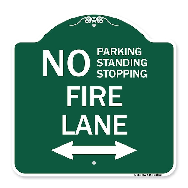 No Parking Standing or Stopping Fire Lane with Bidirectional Arrow, Green & White, GW-1818-23613